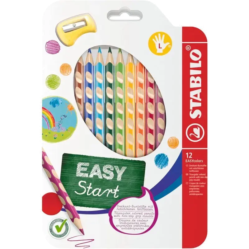 EASYcolors - Ergonomische Kleurpotlood - Linkshandig - Verpakking van 12 - Assortiment Kleuren met Slijper