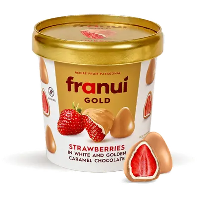 Aardbei in witte en karamel chocolade