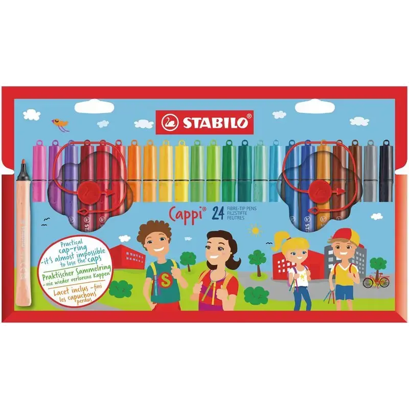 Cappi - Viltstift met dopring - Set van 24 - Assorti kleuren met 2 dopringen
