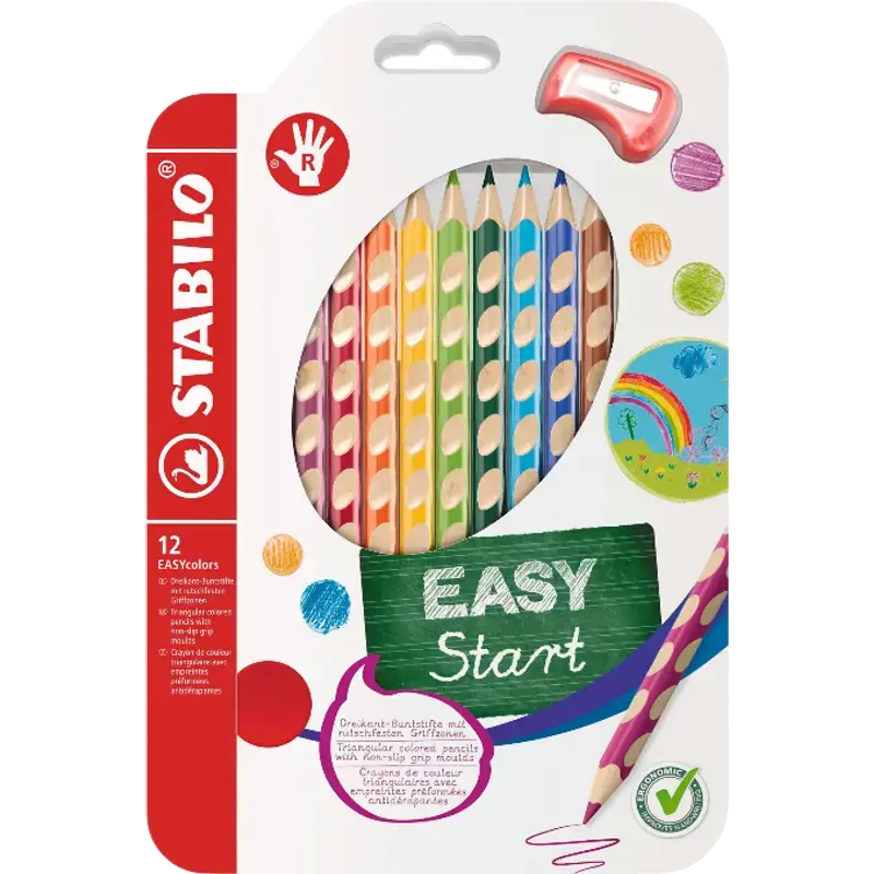 EASYcolors - Ergonomische kleurpotlood - Rechtshandig - Set van 12 - Assorti kleuren met puntenslijper