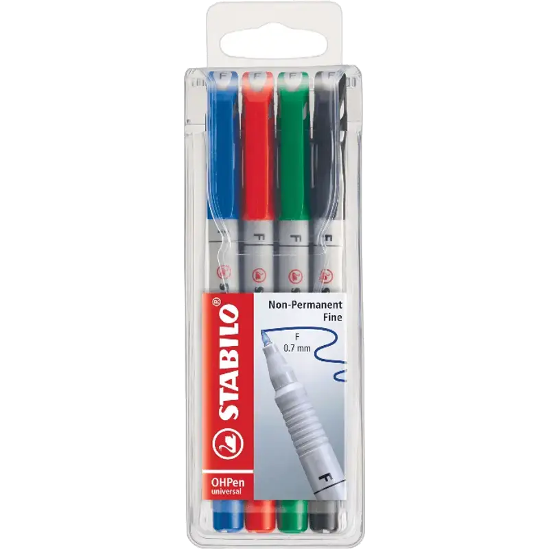 OHPen universeel - Pen voor Dia-projectie - Oplosbaar Fijn (F) - Verpakking van 4 - Assortiment Kleuren