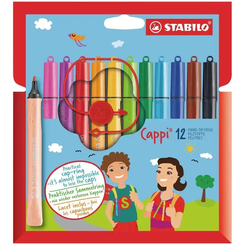 Cappi - Viltstift met dopring - Set van 12 - Assorti kleuren met 1 dopring